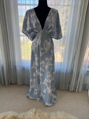 Anthropologie Powder Blue Maxi Dress with Cream Floral Print
